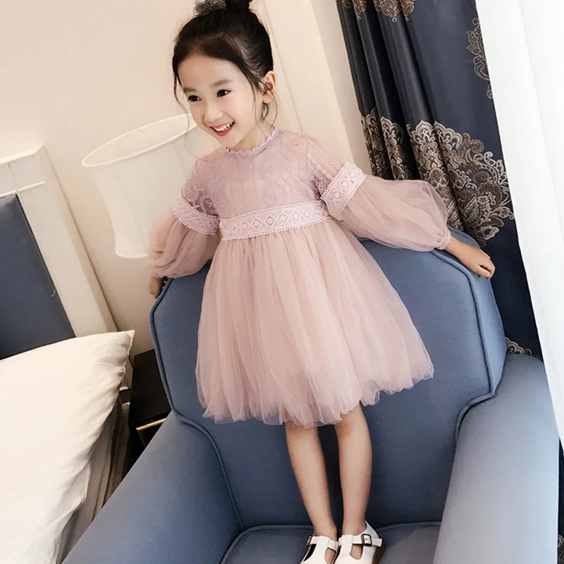 2020 Dress Long Sleeve Girls Puff soft Lace Silk Yarn Solid Color Sweet Princess Dresses Spring Autumn Korean | Детская одежда и
