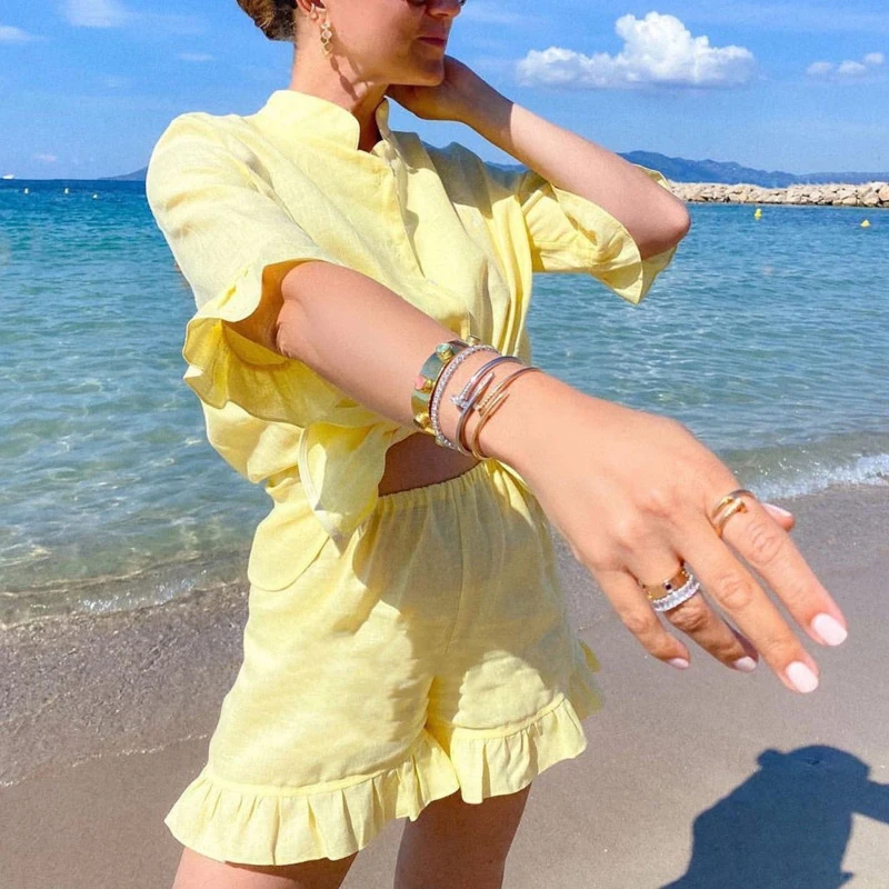 

2021 NEW Summer Shorts Sets Women Cotton 2 Piece Set 2021 Mujer Stand Collar Shirt Half Sleeve Vintage Pajamas Suit