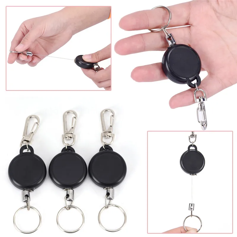 

Black Wire Rope Keychain 60cm Badge Reel Retractable Recoil Anti Lost Yoyo Ski Pass ID Card Holder Key Ring Keyring Steel Cord