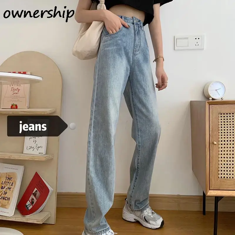 

Korea Style Vintage Wild Denim Pant For Women Autumn New High Waist Straight Leg Female Trouser Casual Loose Long Bottom 2021
