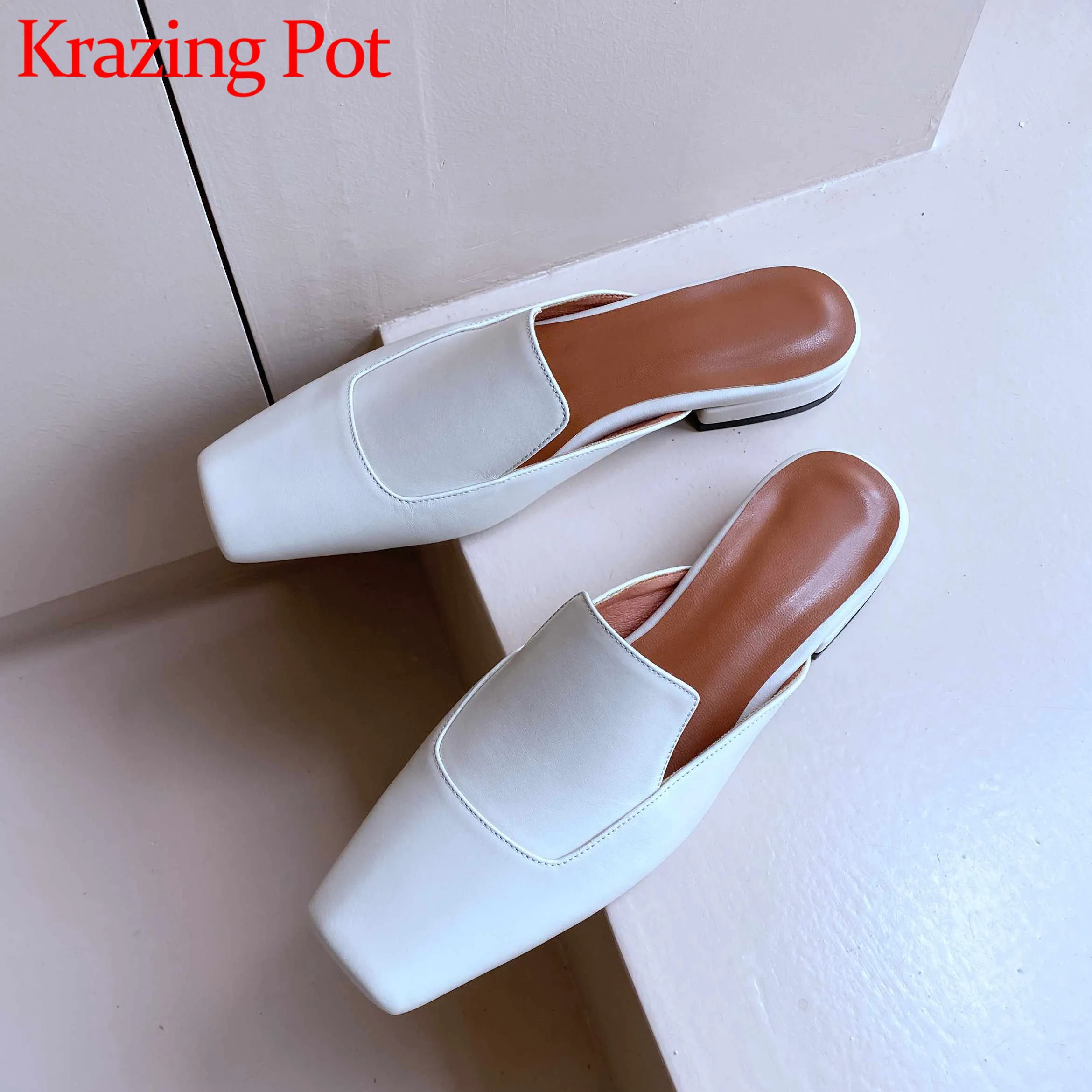 

Krazing pot new vintage full grain leather slip on mules square toe low heels high fashion deep mouth slip on summer pumps L60