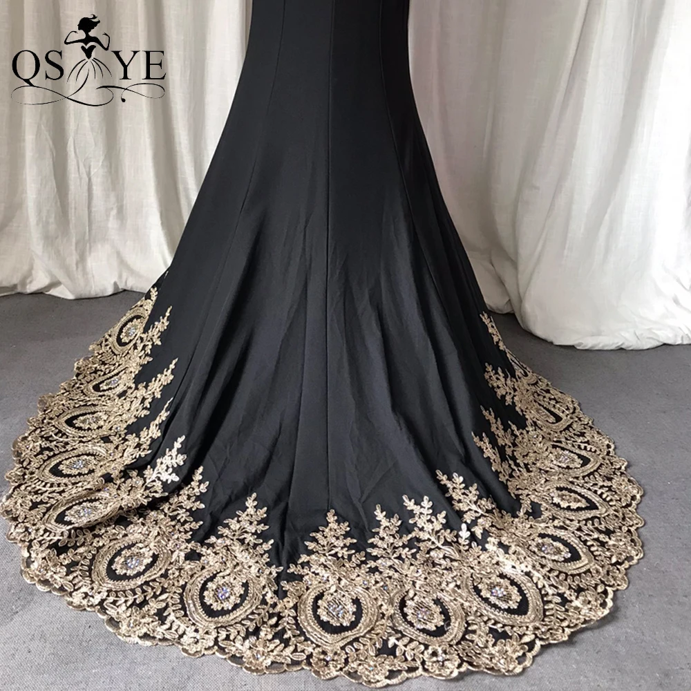 

Black Lace Prom Dress Long Sleeves Mermaid Evening Dress Gold Appliques Lace Formal Party Gown Long Tail Illusion Celebrity Gown