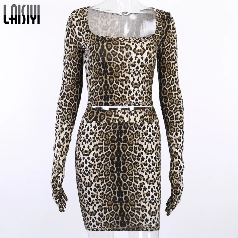 Leopard01 LAISIYI Мода Змея 2 комплект из двух предметов для женщин осень зима одно плечо укороченный топ Высокая талия юбка Сексуальная Клубная одежда костюмы с принтом - Цвет: Leopard01
