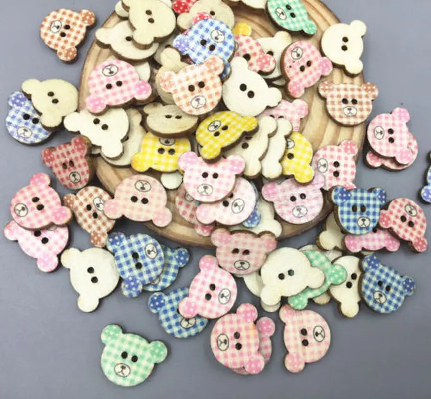 DIY 200 шт разноцветные клетчатые деревянные кнопки с головой медведя подходят для