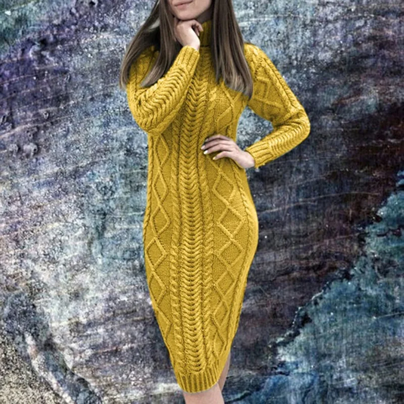 

Платье-Свитер Lugentolo с высоким воротником, женское осенне-зимнее вязаное платье с длинными рукавами, однотонные облегающие Женские свитера ...