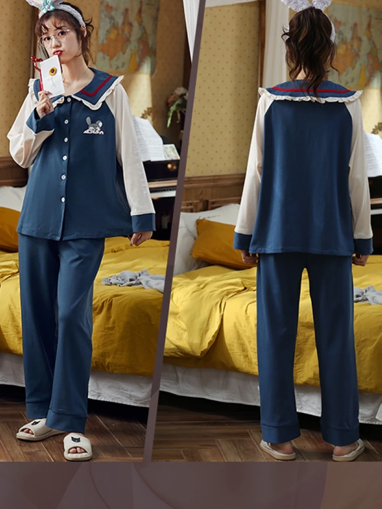 

Spring and autumn pajamas women's long-sleeved cardigan knitted cotton cute home clothes girls fashion simple can wear casual su