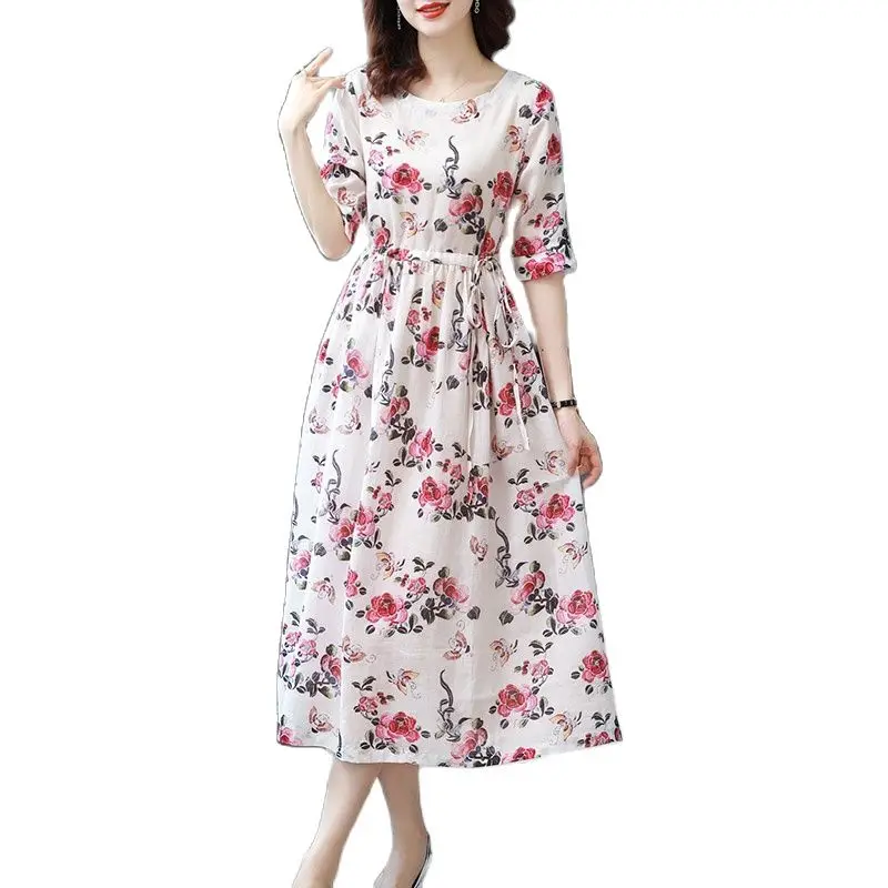 

Summer Casual M-3XL Plus Size Dresses Women Party Vestidos 2021 Spring Elegant Vintage Red Cotton Linen Midi Sandy beach Dress