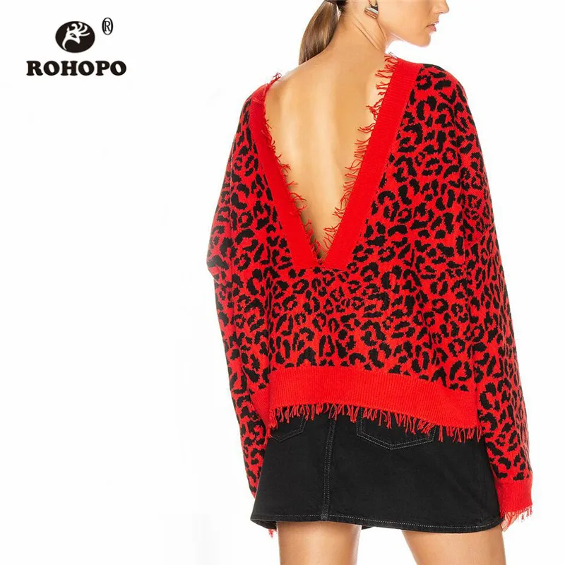 ROHOPO черный леопардовый длинный рукав с открытой спиной кисточкой подол красный