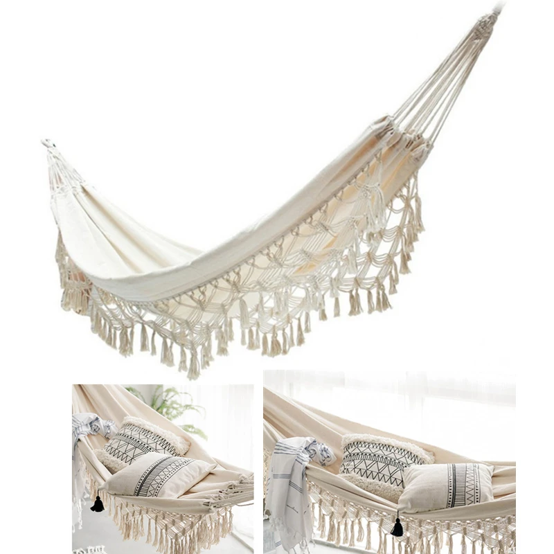 

ins Decor Hammock Boho Large Brazilian Macrame Fringe Double Deluxe Hammock Swing Net Chair Out/Indoor Hanging Hammock Swings 2P
