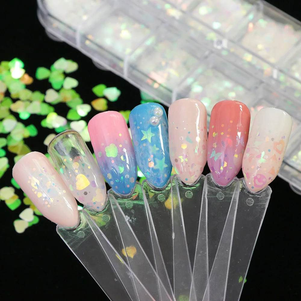 

12 Grids/set Nail Art Patches Summer Transparent Color Nail Art Laser Heart-shaped Star Sequins Nail Glitter Sequins DIY Art