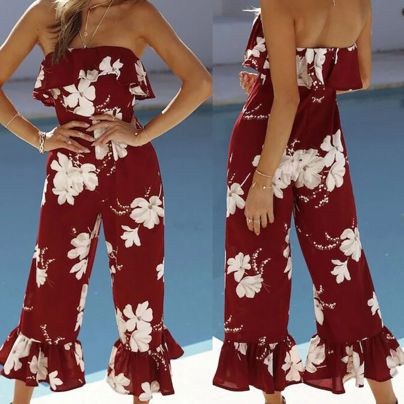 

Pop Nice Summer Women Leaf Print Jumpsuits Print Sleeveless Siamese Jumpsuit Pop 88