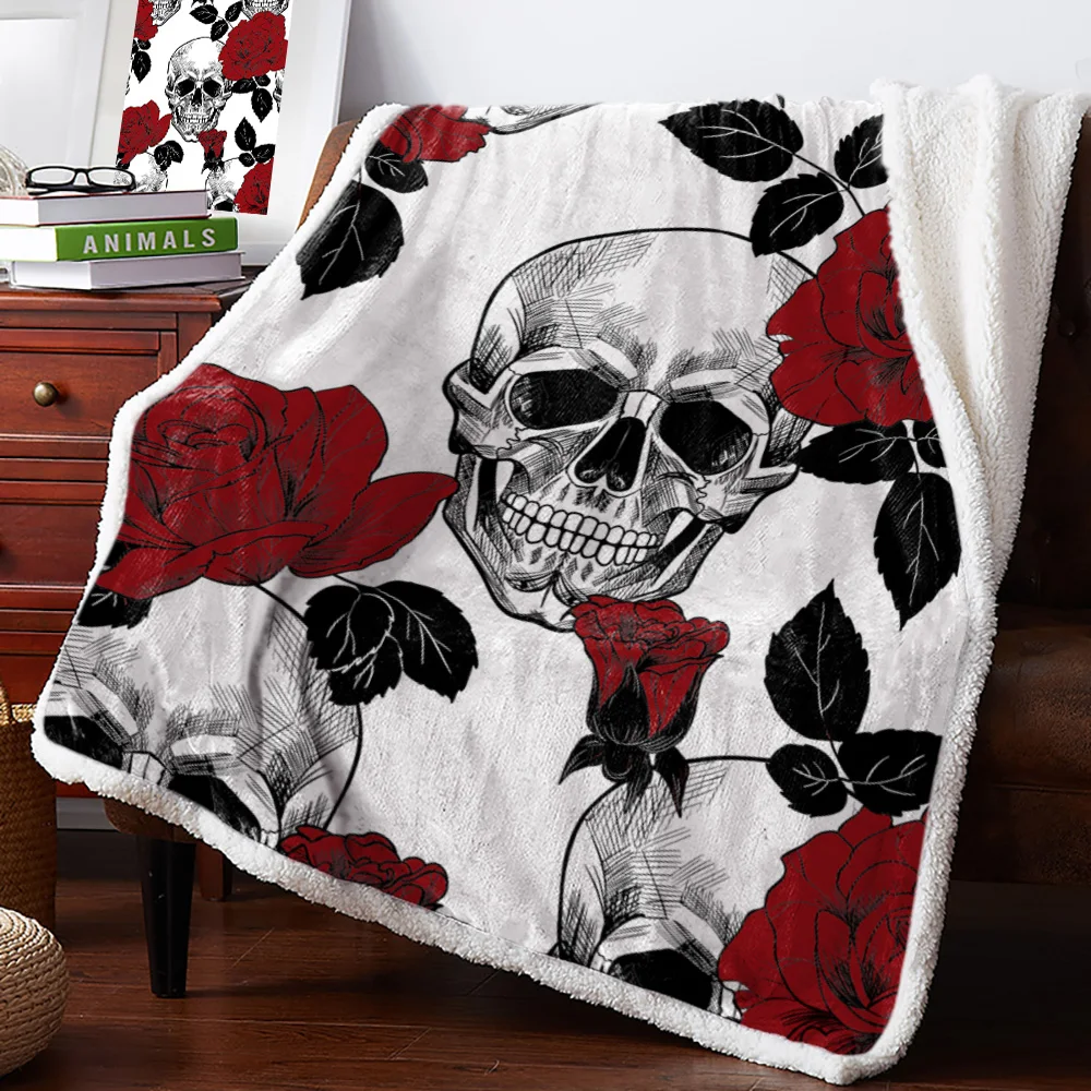 Зимнее кашемировое одеяло из шерпы покрывало с розами и черепами на кровать