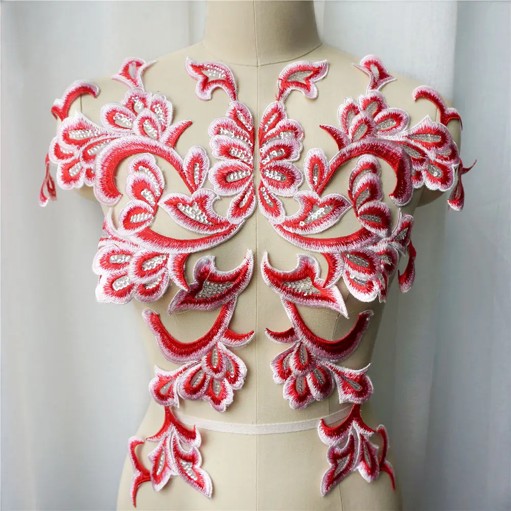 

1 Set 4PCS Red Embroidered Appliques Sequin Lace Fabric Baroque Gown Collar Sew On Patches For Wedding Decoration Dress DIY