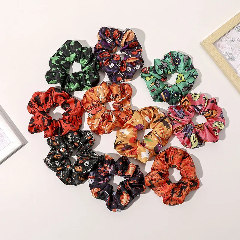 

2021 Halloween Spider Bat Print Satin Silk Hair Scrunchies Ponytail Holder Hair Rope Rings New Christmas Hair Accessories