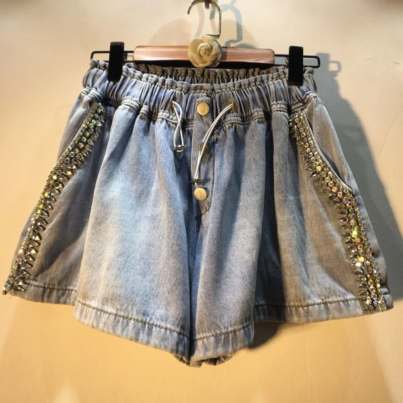 

2021 Summer Light Blue High Waist Loose Jean Pants New Diamond Beaded Drawstring Wide Leg Shorts Ladies Fashion for Female