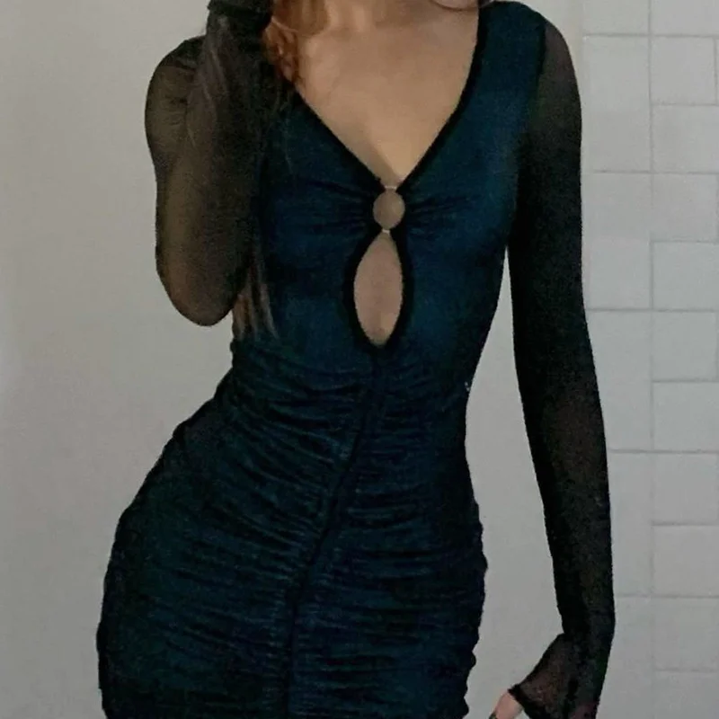 

Thorn Tree Sexy Mesh Patchwork Skinny Dress 2021 Women Fashion Long Sleeve Ring Hollow Out Drawstring Short Dress Summer Autumn