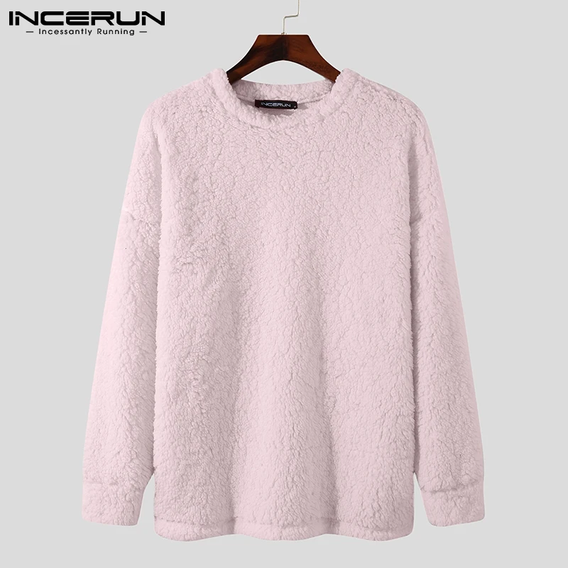 INCERUN Tops 2022 New Men American Style Solid Color Comfortable Plush Round Neck Casual Streetwear Loose Pullover Sweater S-5XL