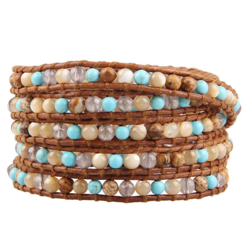 KELITCH натуральный богемский камень Бусины манжеты браслеты ручной работы кожа 5 wrap