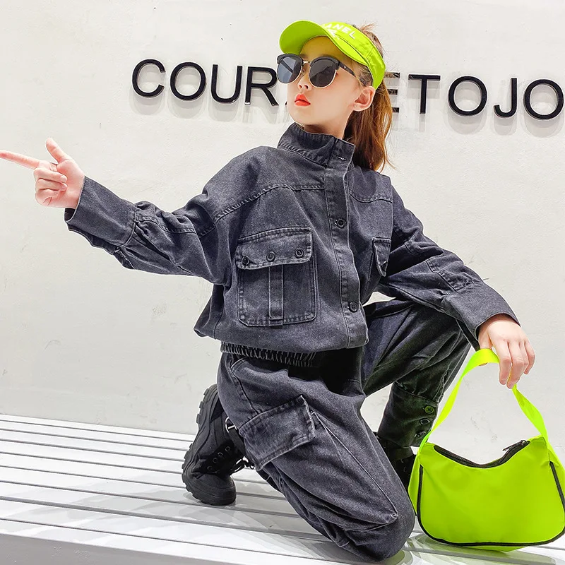 

Girls Cowboy Sports Suits Autumn Fall Clothes Long Sleeve Navy Sweatshirt +Pants Sets 2pcs For Girl Black Children