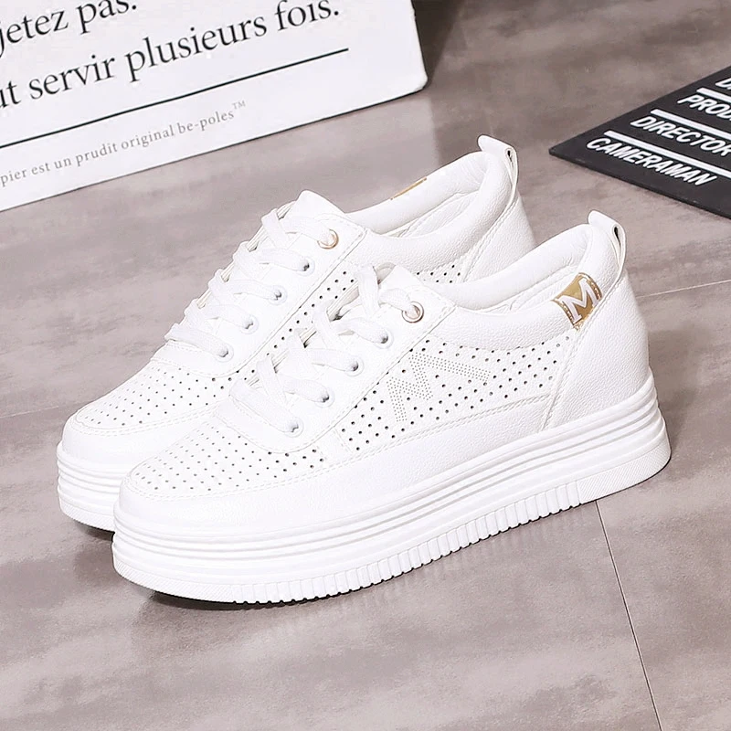 Женские кроссовки на платформе белые дышащие шнуровке повседневная спортивная