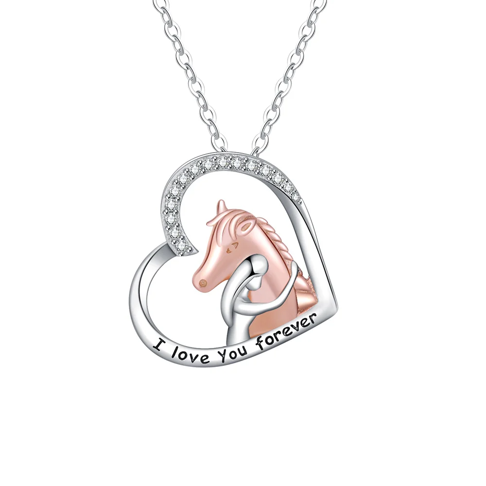 

Copper Girls&Horse Necklace Lovely Animal Heart Zircon Pendant Necklace Fashion Christmas Mother Day Jewelry For Women,Pet Lover
