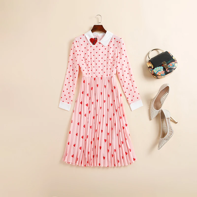 

Designer 2020 Female Summer Diamonds Printing Short sleeve Wrist Dress Love Pink Party Holiday Pleated Dresses Female New