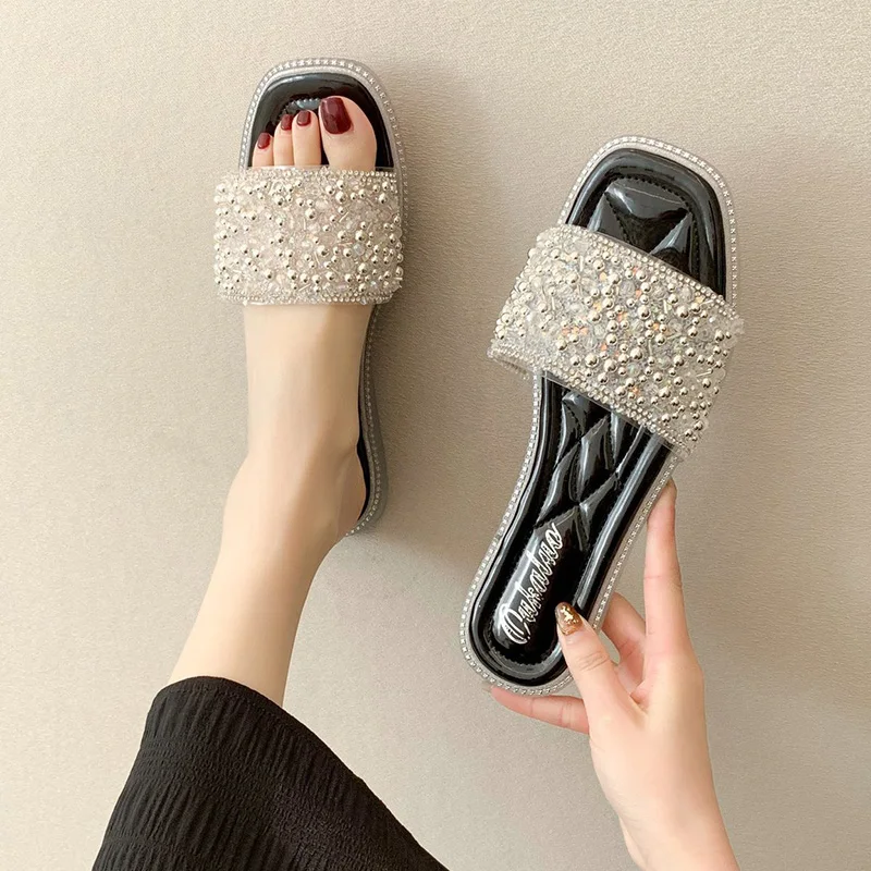 

Shoes Women String Bead Slippers For Swimming Pool Slides Fashion Pantofle Soft Beach Flat Luxury 2021 PU Basic Beach Shoes Str