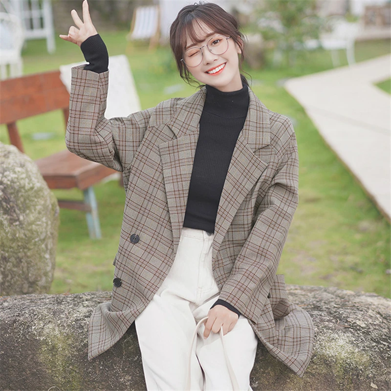 

Spring British Style Women Blazer Casual Blazers Suit Pockets Loose Jackets Coat Ladies Plaid Single Breasted Female Y614