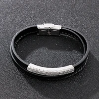 haoyi trendy woven leather mens bracelet multilayer punk bracelets retro simple stainless steel jewelry
