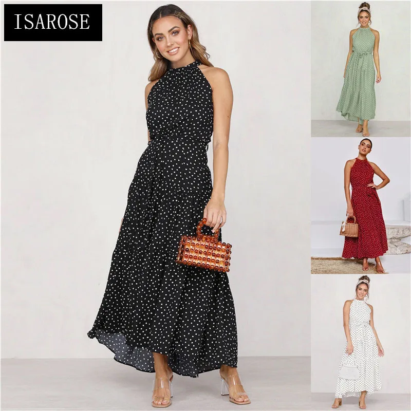 

ISAROSE Long Halter Dress for Women High Street Polka Dots Summer Sleeveless O Neck Dresses Party Office Lady Holiday Wearing