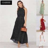 isarose long halter dress for women high street polka dots summer sleeveless o neck dresses party office lady holiday wearing