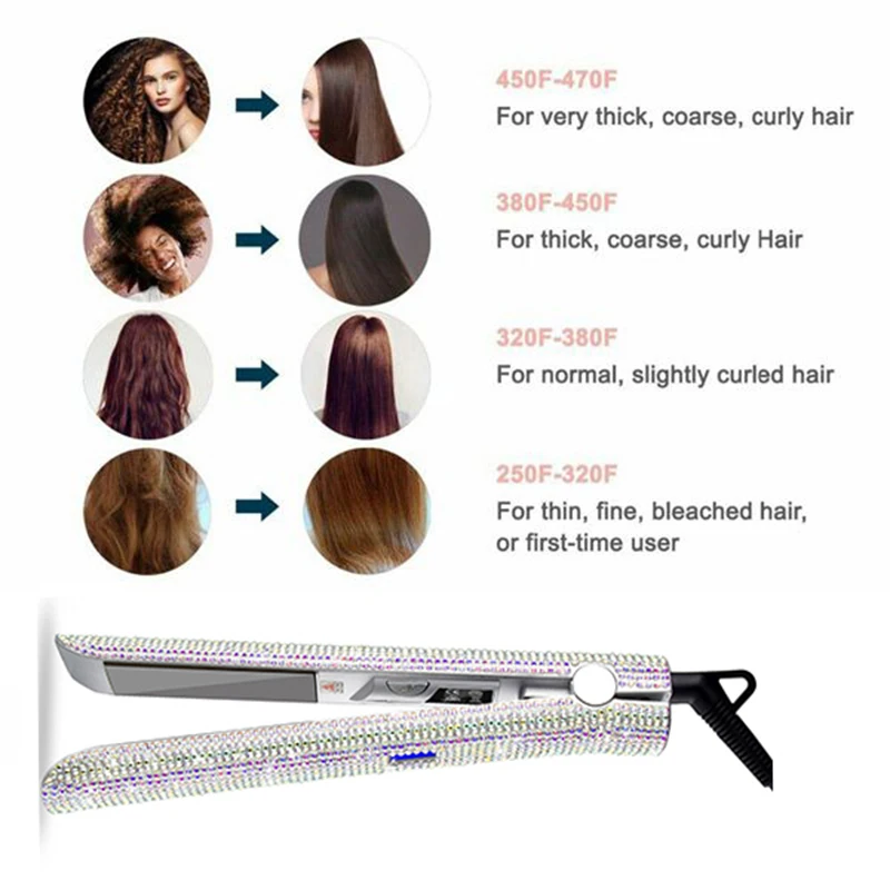 

US Plug Crystal Hair Flat Iron Titanium Plate Diamond Hair Straightener Hair Styling Hot Tools LCD HairdressingFlat Iron 470F Ti