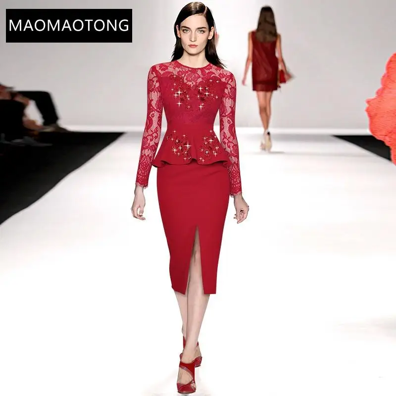 

Fashion Designer Autumn Red Dress Women's Lace Splicing Long sleeve Beading Ruffles Sheath Sexy club Party Dress
