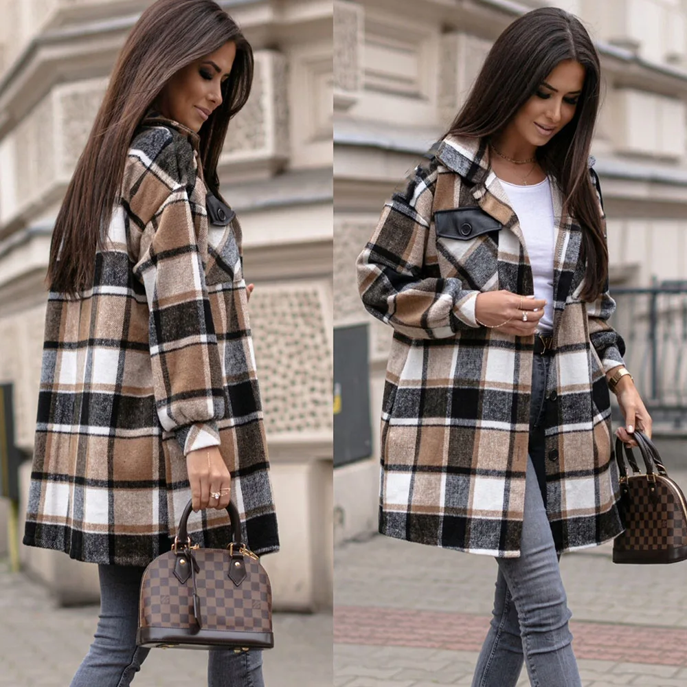 

2021 Autumn Midi Plaid Jacket Women Coat Overshirt Winter Checkered Jacket Female Long Sleeve Shirt Jacket For Female Clothing