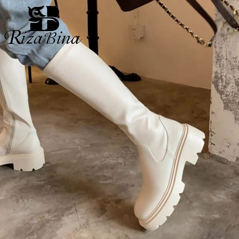 

RIZABINA Real Leather Women Shoes Knee Boots Thick Heels Fashion Winter Long Boot Cool Outdoor Ladies Footwear Size 34-39