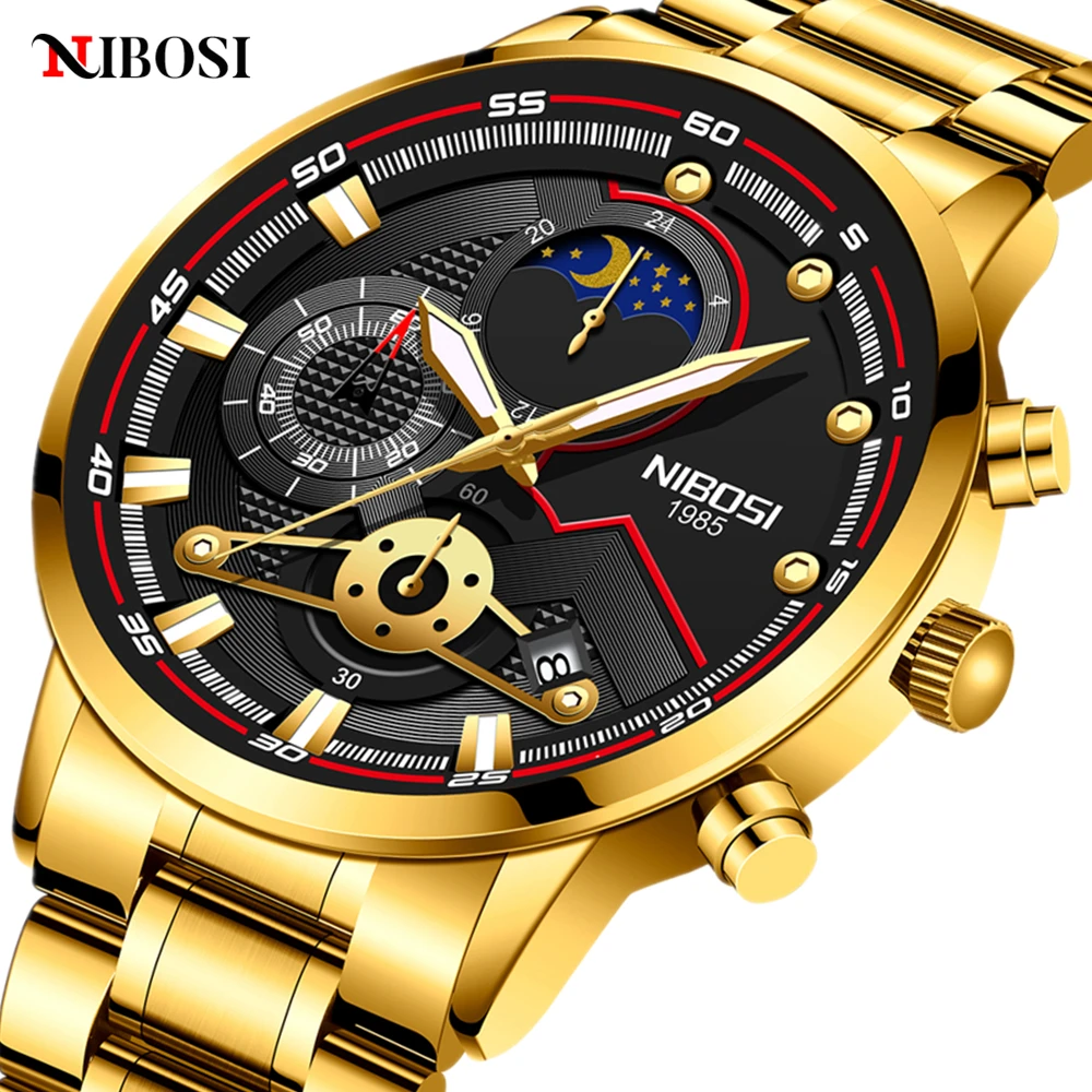 

NIBOSI Sport Men Watches 2021 Fashion Gold Luxury Brands Wristwatches for Men Big Dial Auto Date Quartz Clock Relogio Masculino