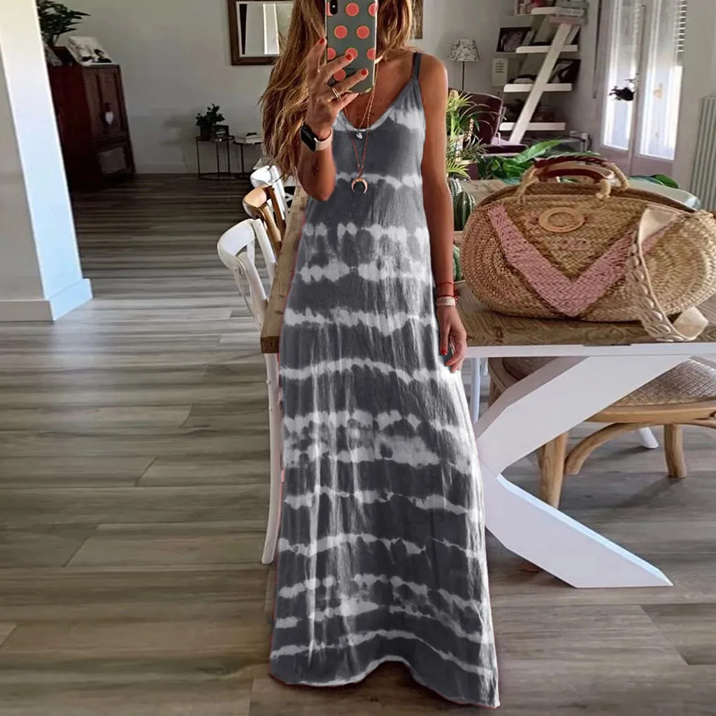 

2021 Beach Long Maxi Dress Women Round Neck Sleeveless Gradient Tie-Dye Striped Casual Bohemian Maxi Dress V Neck Dress Robe