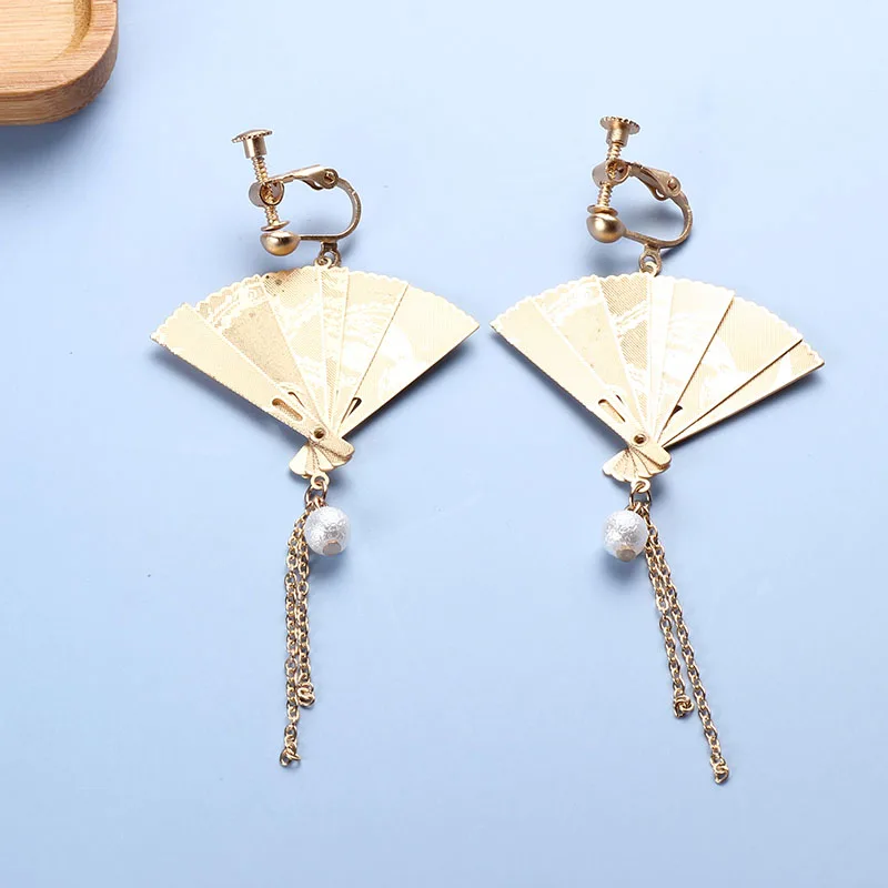 ЯПОНСКИЕ ВИНТАЖНЫЕ серьги клипсы с золотым металлическим веером цепочка
