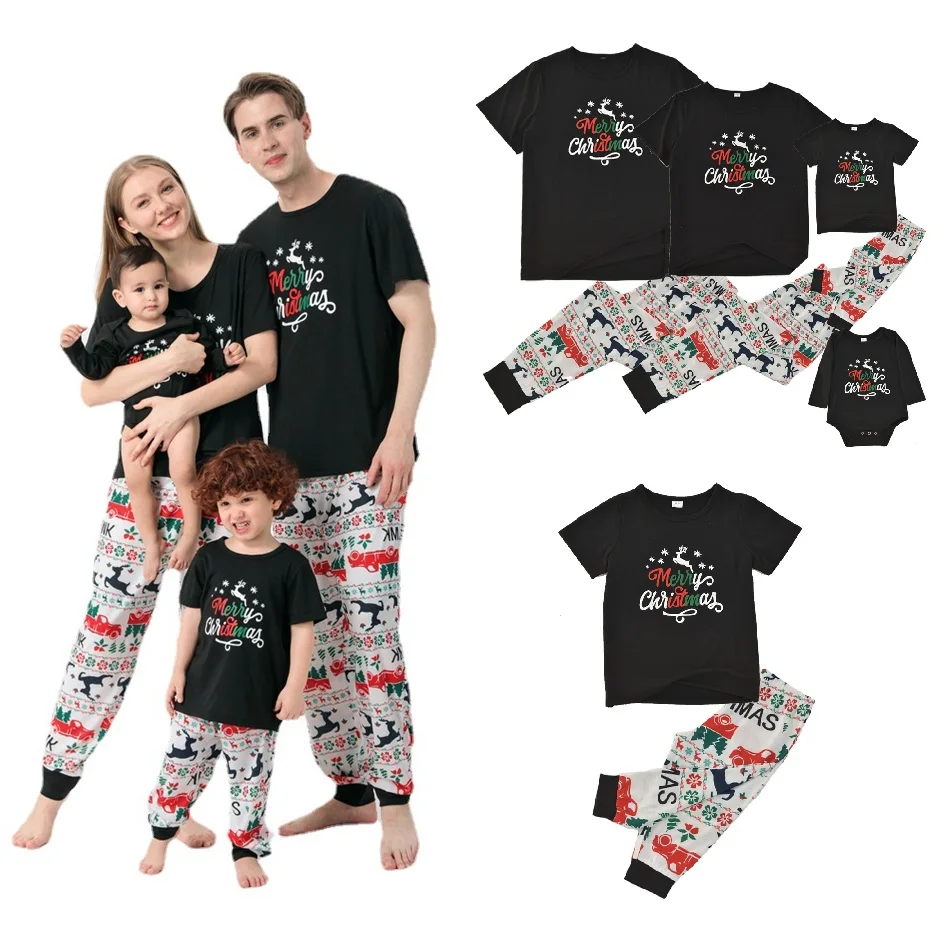 

Рождественские Семейные одинаковые наряды с коротким рукавом, пижамные комплекты с оленем, одежда для сна для папы, матери, ребенка, одежда ...
