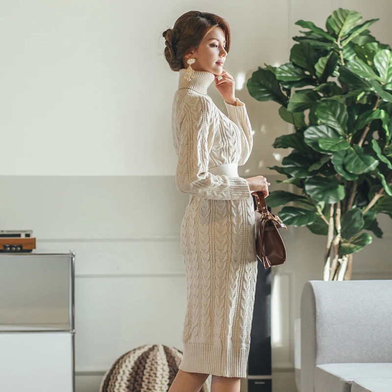 Autumn Winter Dress Vintage Women's thickening Knit Casual Long Bodycon Turtleneck Knitted Sweater Spring 2019 | Женская одежда