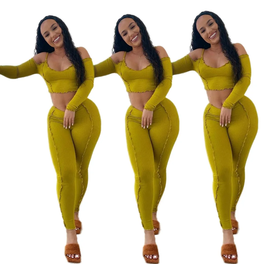 

20MH82082 осенний Женский Повседневный модный однотонный Тонкий Слинг без бретелек через плечо и пумбикальные волнистые строчки комплект из дв...