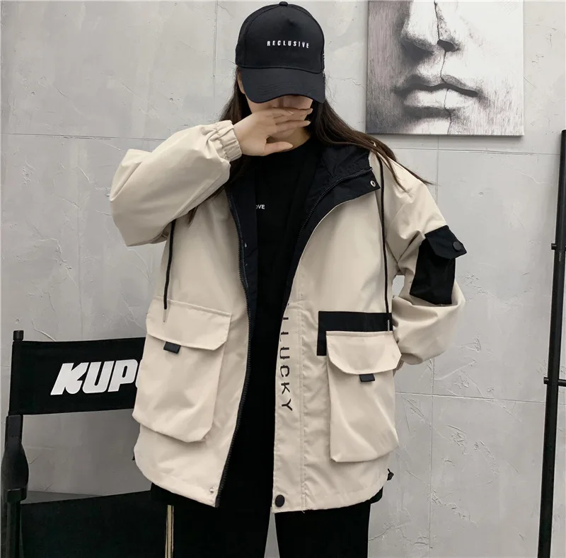 NoEnName_Null с большими карманами куртка капюшоном Для женщин однотонные свободные