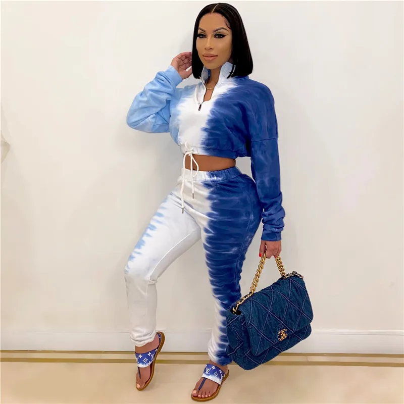 

2 Pcs Women Tie-dye Outfits Autumn Winter Long Sleeve Zipper V Collar Crop Top with Drawstring+Long Trousers Gradient Sportswear