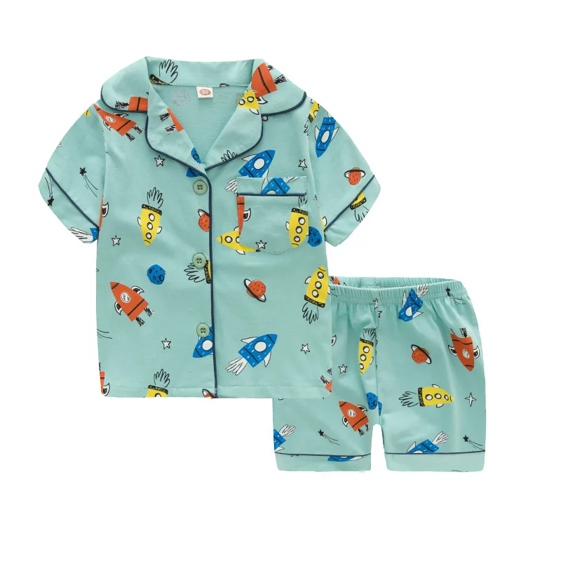 

TUONXYE New Summer Boys Short sleeves Pajamas Girls Set Cartoon Rocket Pyjama Cotton Kids Pijama Children Sleepwear Clothes