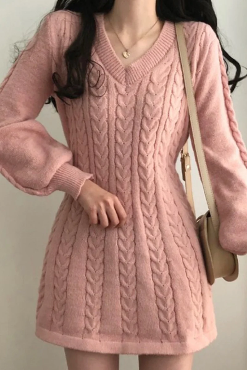 Женское трикотажное платье-свитер с V-образным вырезом | Женская одежда