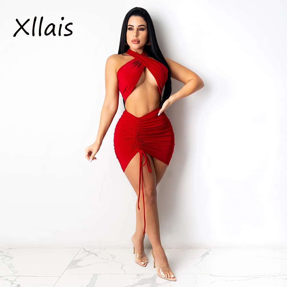 

XLLAIS, красный цвет, с повязкой через шею, вырез Топы на бретельках и с рюшами; Юбки с завязками комплекты из двух предметов Для женщин пикантны...