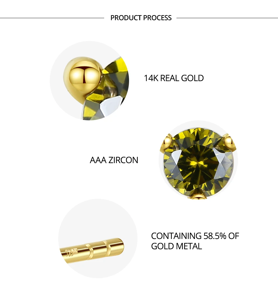 Gem&Time Exquisite Real 14K Gold 3 Prong Green Gemstone Stud Earrings for Women Yellow Gold Earrings Fine Jewelry Gift E14137