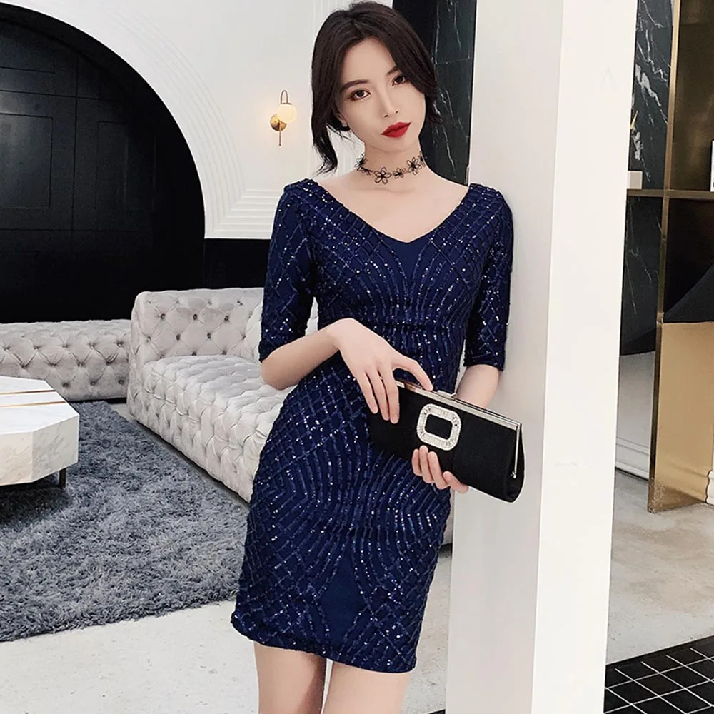 HS Kellio пикантное платье цвета коктейль Vneck темно-синий Мини Короткие рождественские вечерние платья блестящее кружево