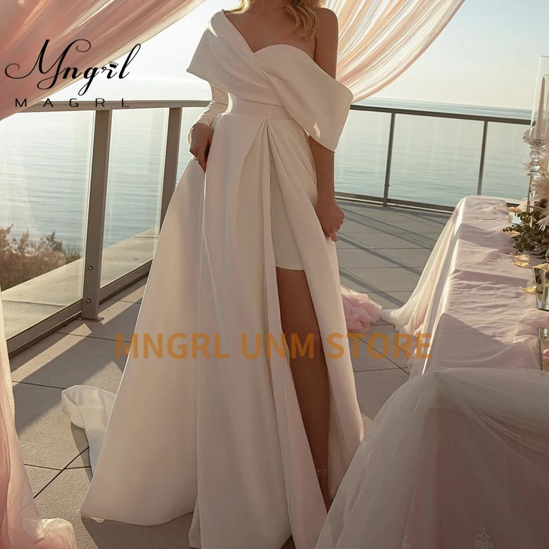 

MNGRL White Simple Wedding Dress Soft Satin Sweetheart Neck Short Sleeve Bridal Dresses Backless Brush Train Robe de mariée