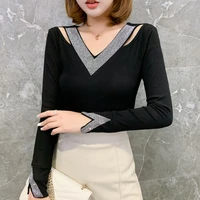 5660 black red hollow out off shoulder t shirt for women v neck sexy long sleeve women t shirt with diamonds cotton tight m 3xl